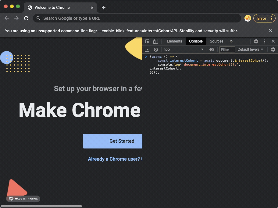 Google Chrome GIF recording, showing how navigation to the European Data Protection Supervisor (EDPS) website triggers a new FLoC cohort ID to be displayed in the Chrome browser's developer tools console.