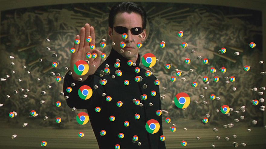 Neo from The Matrix stopping bullets with his hand, where each bullet has the Google Chrome logo