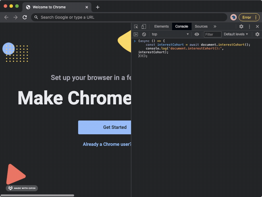 Google Chrome GIF recording, showing how navigation to the National Security Agency's website triggers a new FLoC cohort ID to be displayed in the Chrome browser's developer tools console.