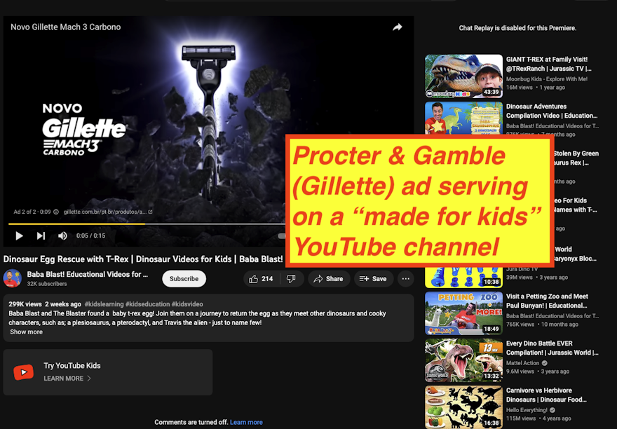 Screenshot of an ad for Gilette serving on a "Made for Kids" YouTube channel
