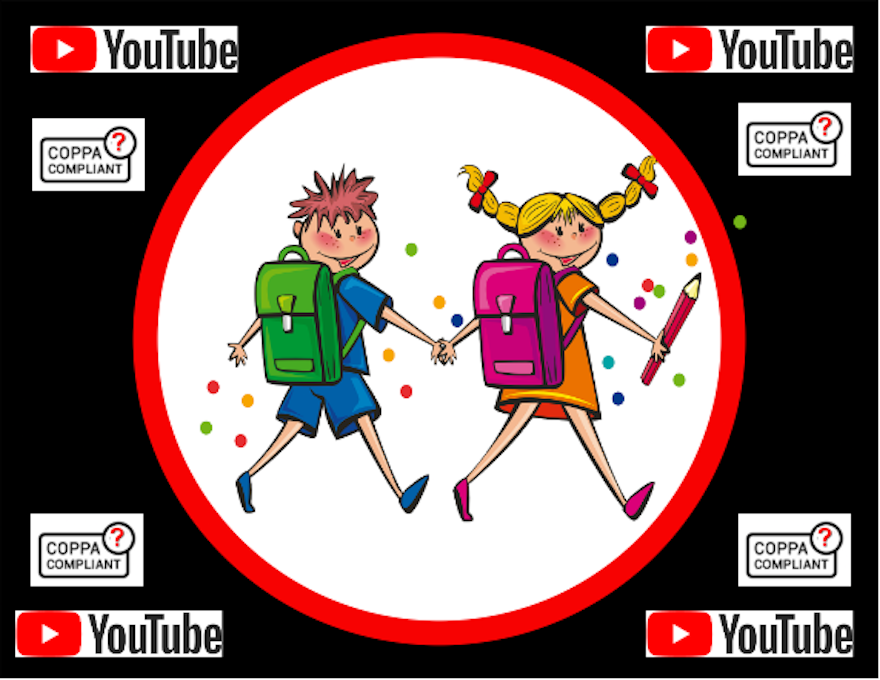 Image showing cartoon of children playing, with the words "YouTube" and "COPPA Compliant" appearing with question marks surrounding the children