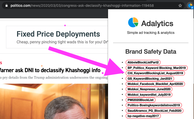 Screenshot of a Politico article, showing brand safety labels through the Adalytics browser extension