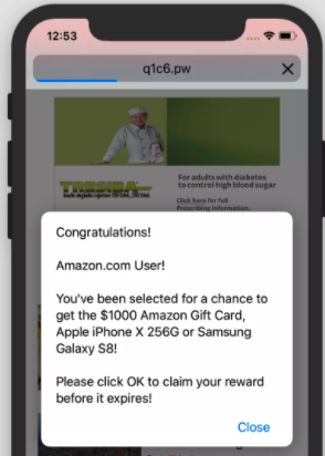 Malicious popup ad for a free Amazon gift card scam