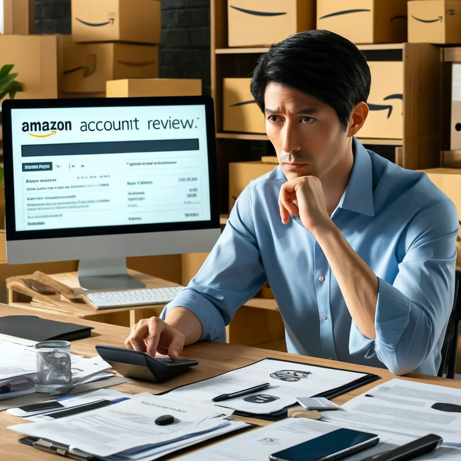 Illustration d'un vendeur analysant des documents pour répondre aux exigences de vérification d'Amazon, avec des icônes symbolisant la révision de compte et la conformité.