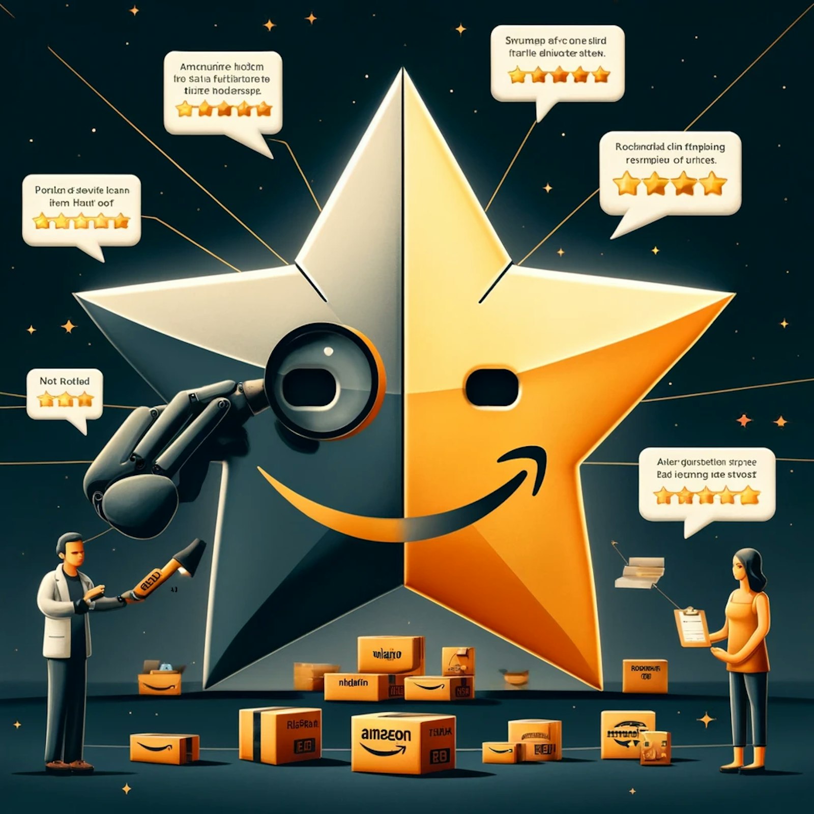 Illustration représentant la gestion des évaluations clients sur Amazon, mettant en avant les tactiques pour atténuer les commentaires négatifs et améliorer la réputation du vendeur.