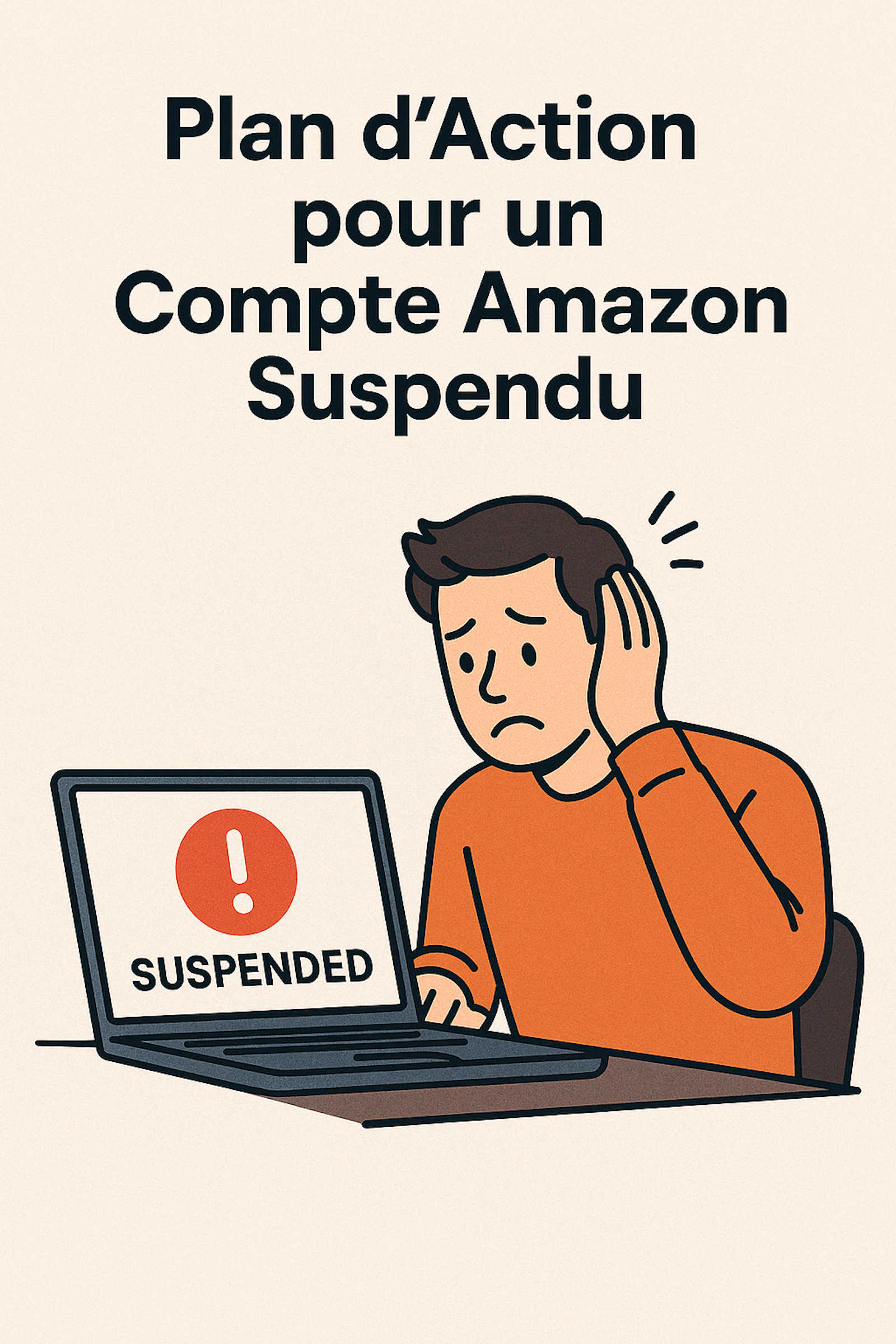 Homme inquiet devant son ordinateur avec un message "Suspended" affiché à l’écran – illustration du blocage d’un compte Amazon vendeur.