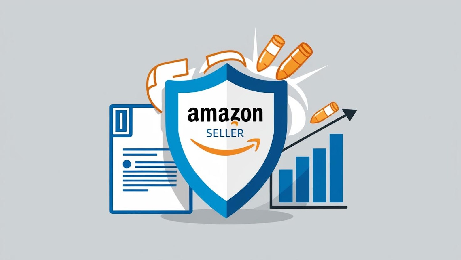 Professional illustration of a shield protecting an Amazon seller account from incoming attacks, with document icons and legal protection symbols. Clean, corporate style with blue and white color scheme