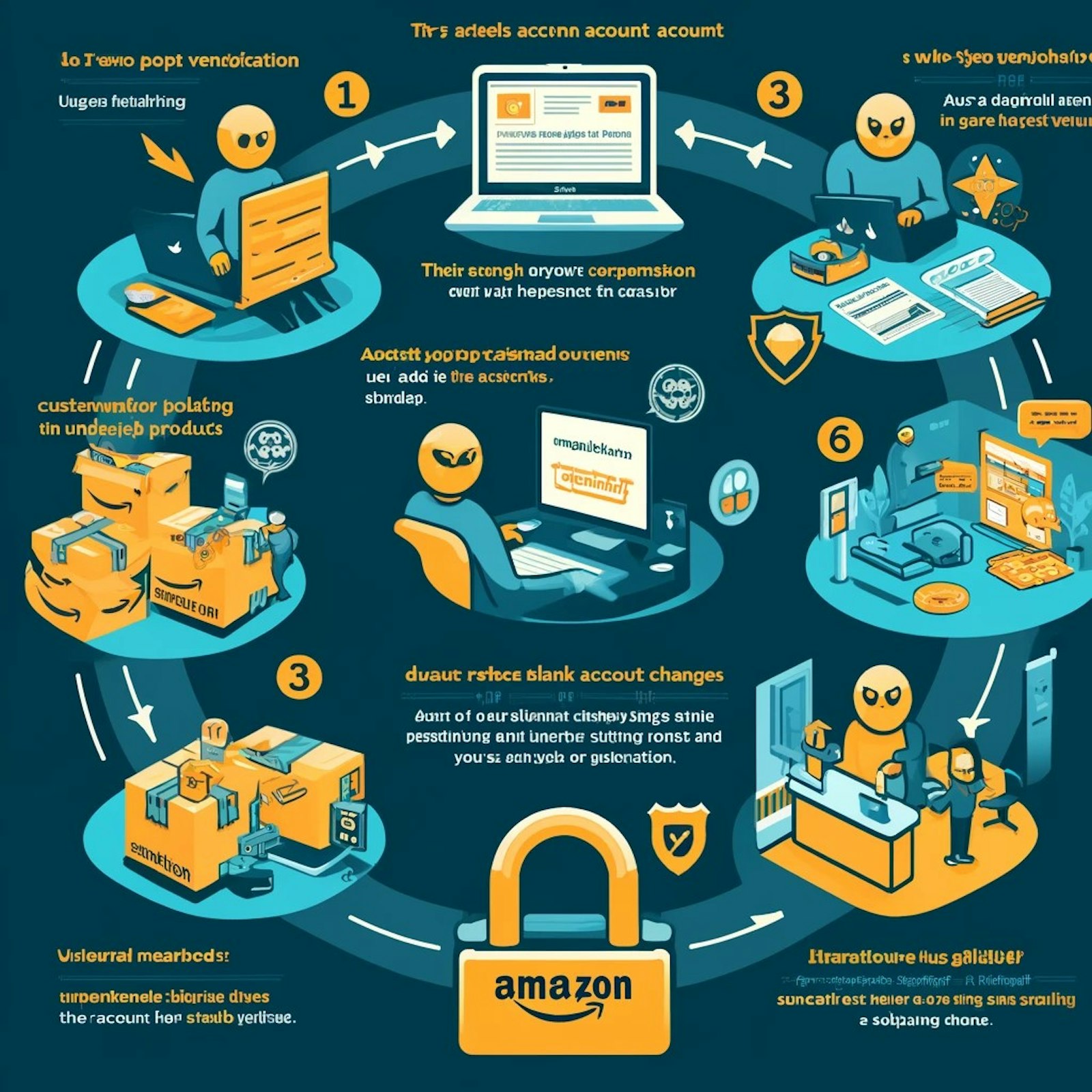Illustration montrant le piratage d'un compte vendeur Amazon, avec un hacker ajoutant des produits, des clients mécontents et un compte suspendu, mettant en évidence les enjeux de la sécurité en ligne.