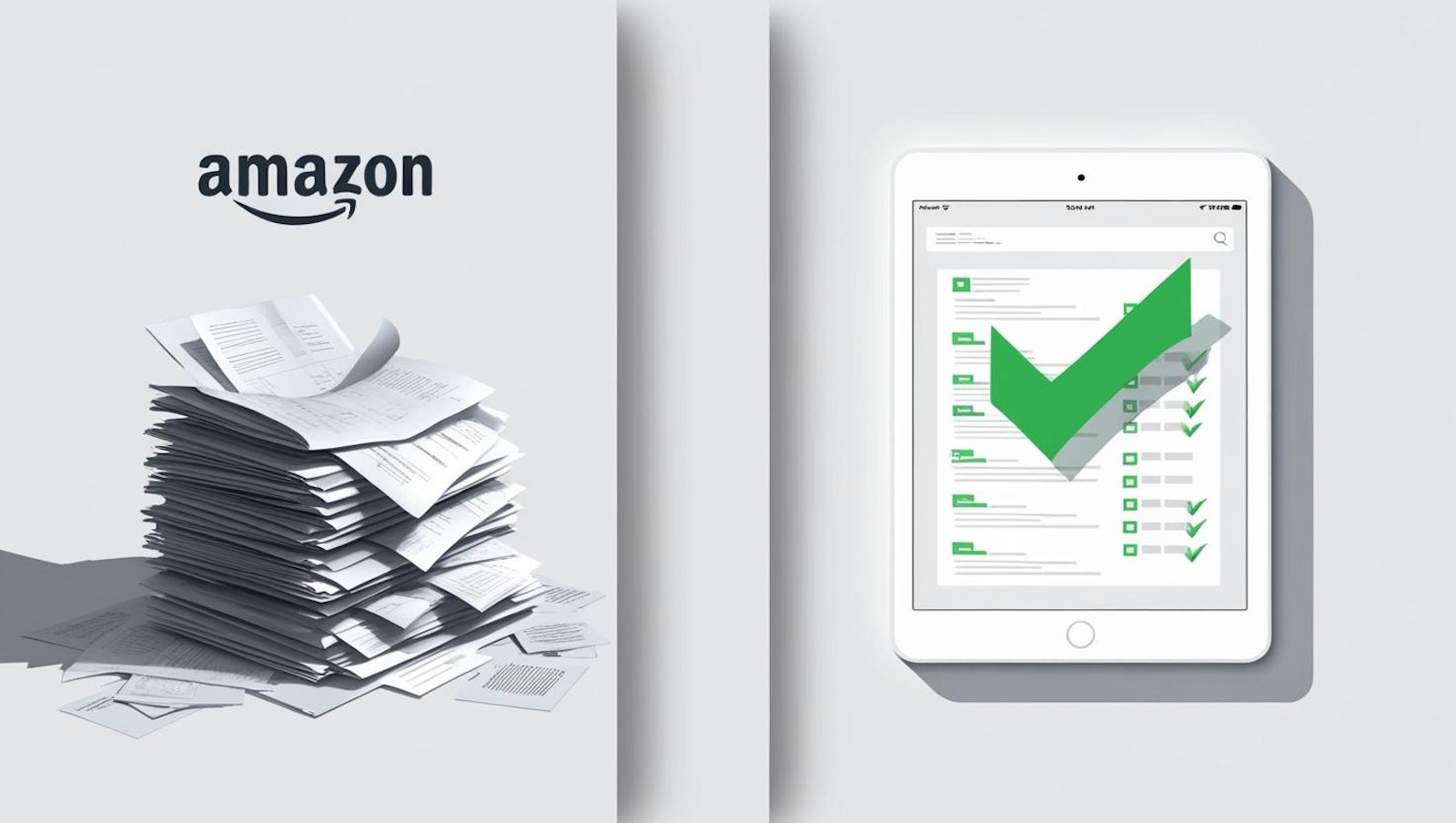 Illustration montrant la transformation de la gestion documentaire : passage d'une pile de documents désorganisés à un système digital organisé avec validation Amazon