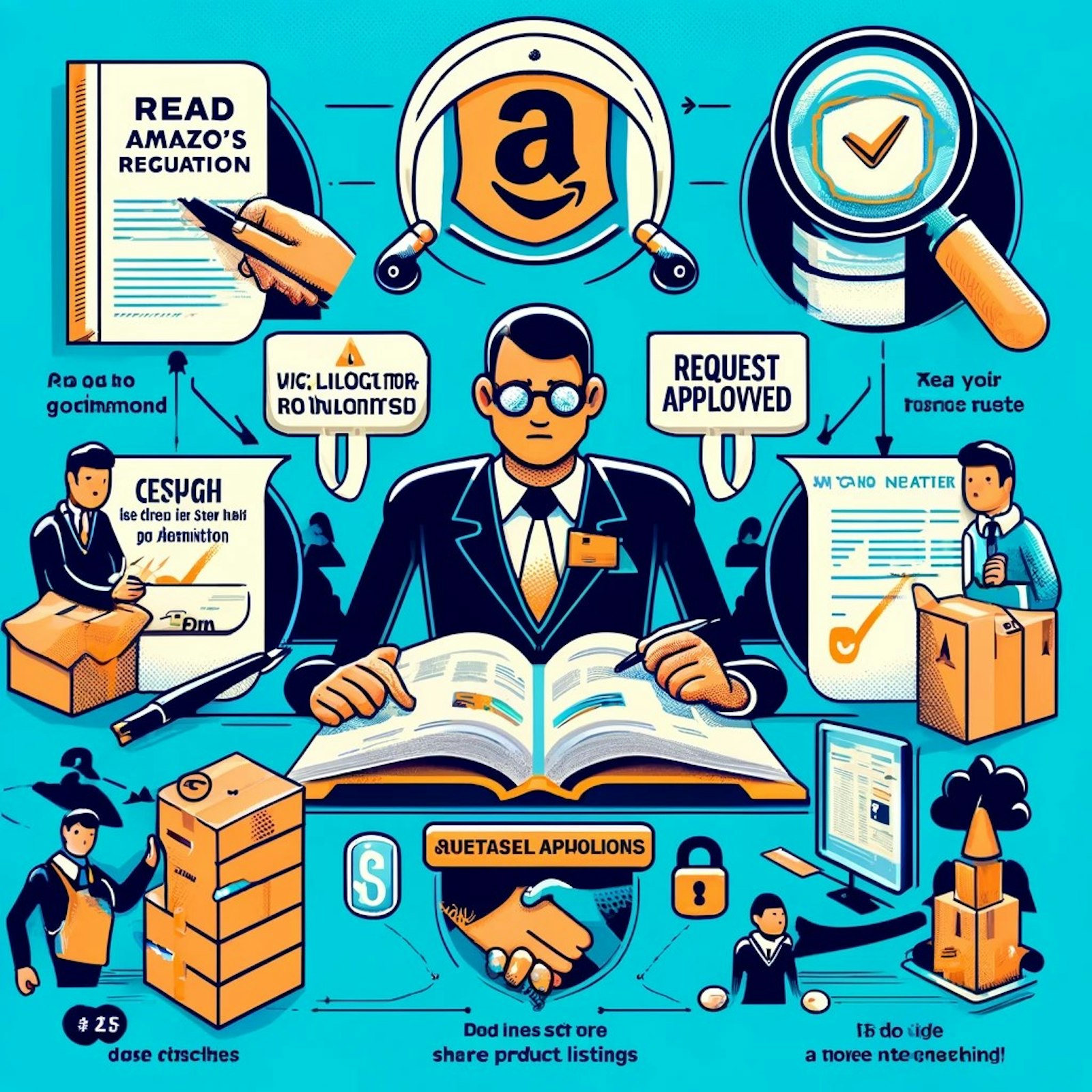 Schéma illustrant la création et la gestion de comptes vendeurs sur Amazon, incluant des étapes clés et des avertissements pour éviter les suspensions de compte.