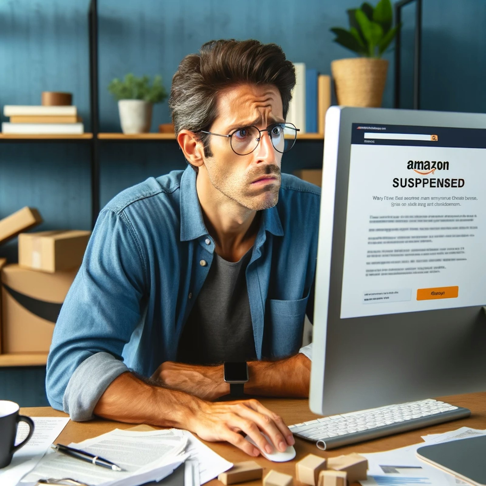 Vendeur en ligne inquiet, assis devant un ordinateur dans un bureau à domicile, avec à l'écran une notification de suspension de son compte vendeur Amazon, entouré de documents éparpillés et d'une tasse de café en arrière-plan