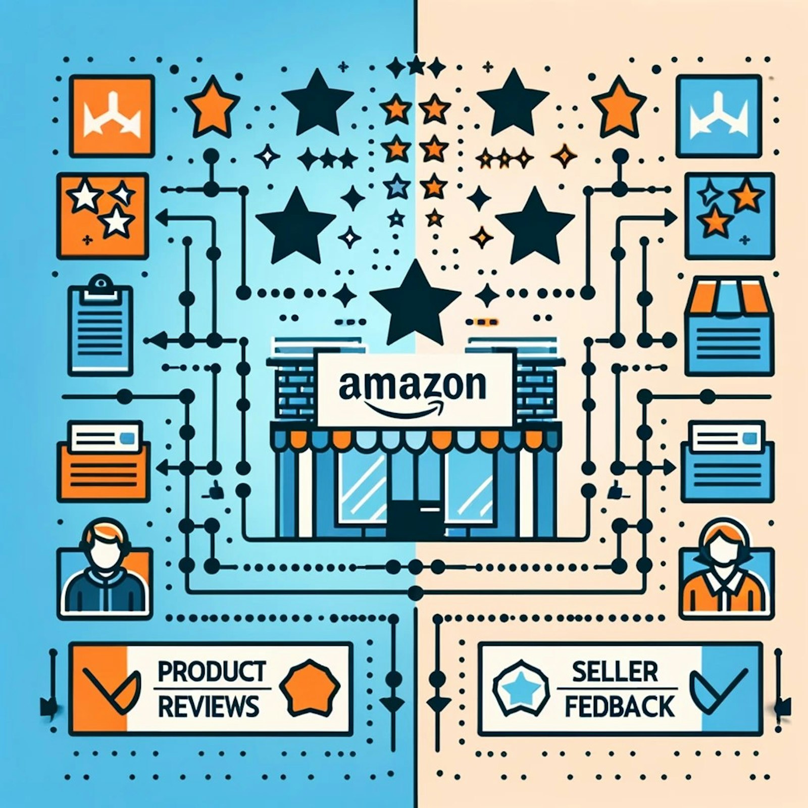 Graphique représentant les avis produits et les feedbacks des vendeurs sur Amazon, soulignant les différences et l'importance de chaque type de commentaire.