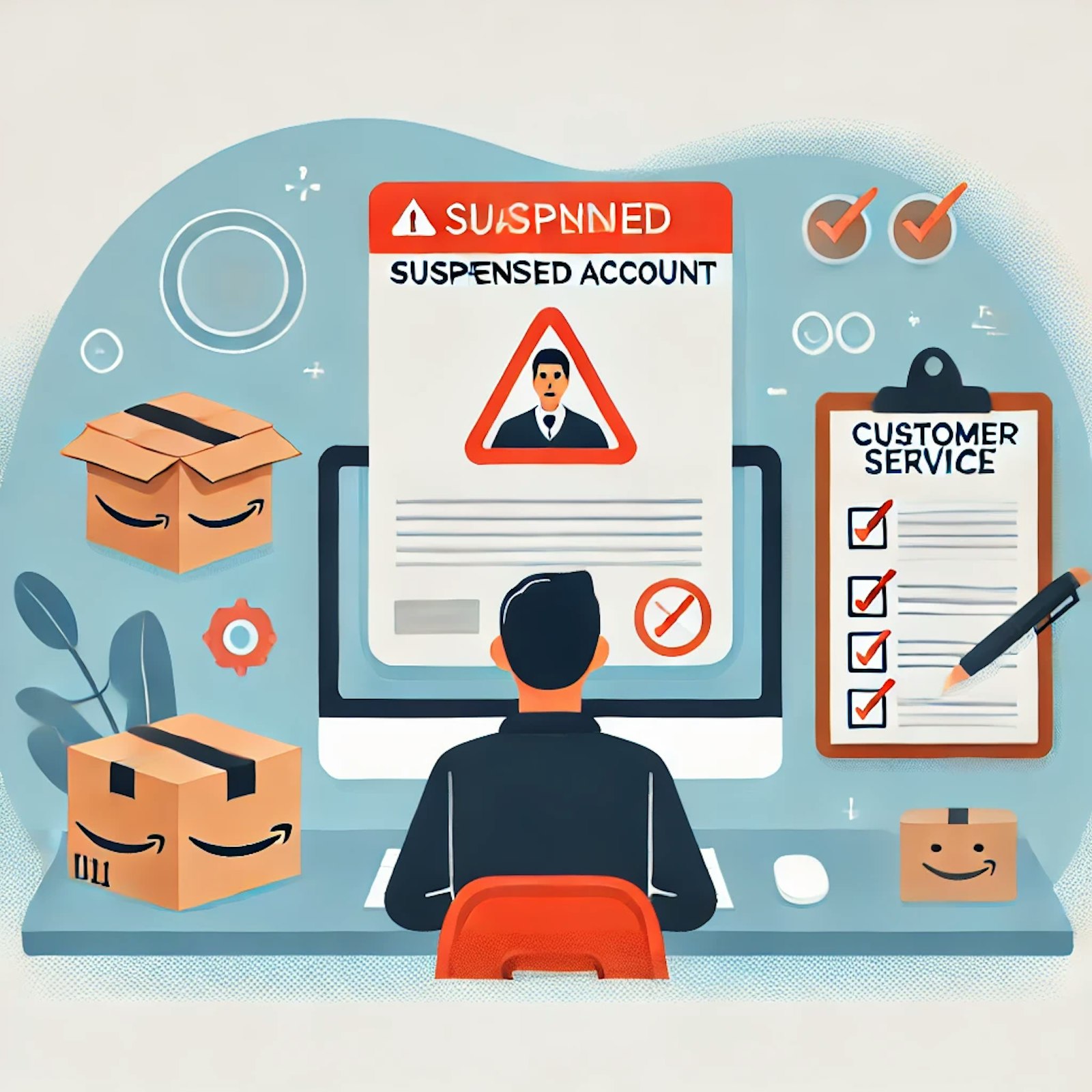 Illustration d'un vendeur Amazon devant un écran d'ordinateur affichant un avertissement de suspension de compte. En arrière-plan, on voit des éléments symbolisant la vente en ligne, comme un colis, une liste de contrôle et une bulle de service client. L'image exprime la frustration du vendeur et la nécessité de résoudre les problèmes liés à la suspension