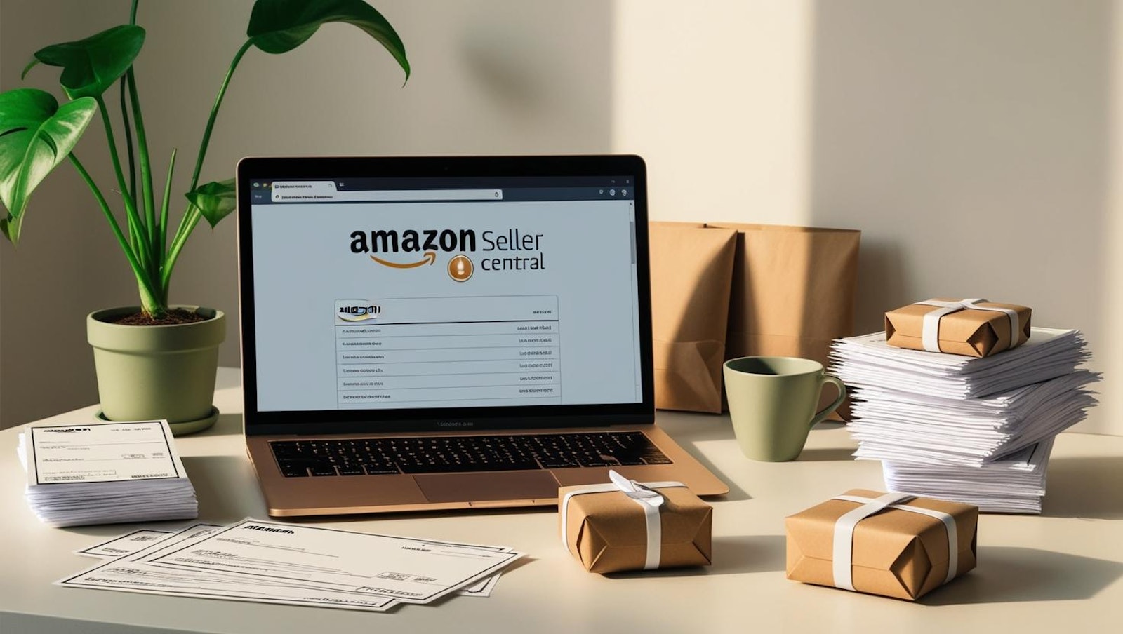 An open laptop displaying the Amazon Seller Central dashboard alongside a small stack of neatly arranged invoices on a clean desk