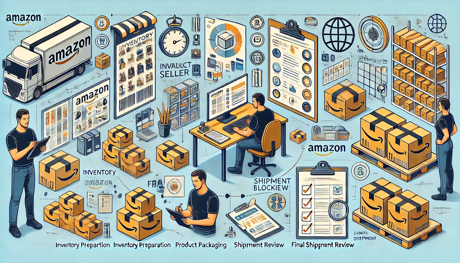 Illustration détaillée des opérations d'un vendeur Amazon. La scène montre différentes étapes du processus de vente : préparation de l'inventaire, emballage des produits, examen des expéditions, et expédition finale. On voit des employés travaillant sur des ordinateurs, manipulant des boîtes Amazon, et utilisant des tablettes. L'image inclut des éléments visuels comme un camion de livraison Amazon, des étagères de stockage, des graphiques et des icônes représentant divers aspects de la vente en ligne. L'ambiance est axée sur l'efficacité et l'organisation, avec une palette de couleurs principalement bleue, orange et noire, caractéristique d'Amazon.