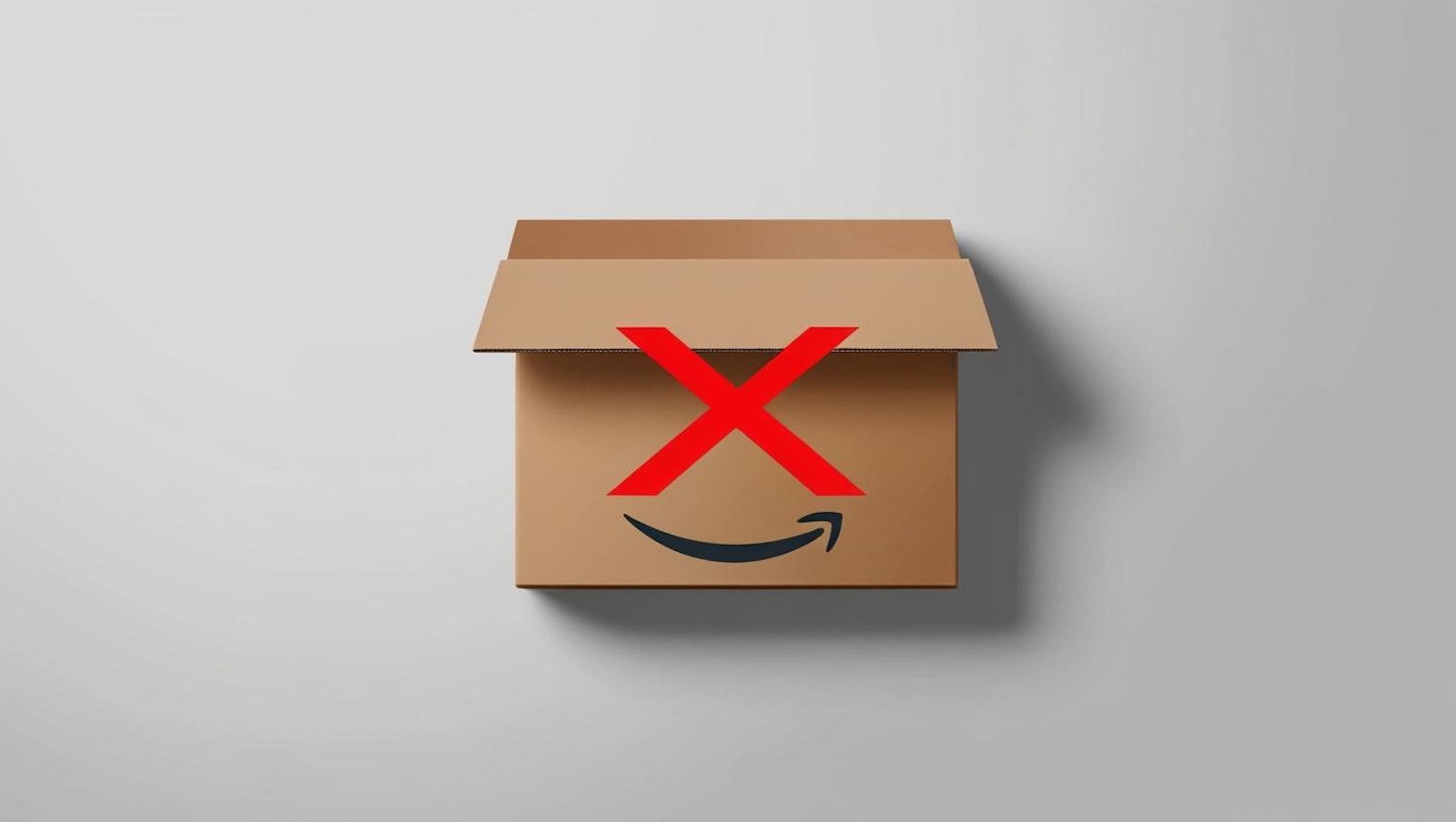 Boîte en carton avec un X rouge sur fond gris clair et logo Amazon discret, symbolisant l’évitement du dropshipping