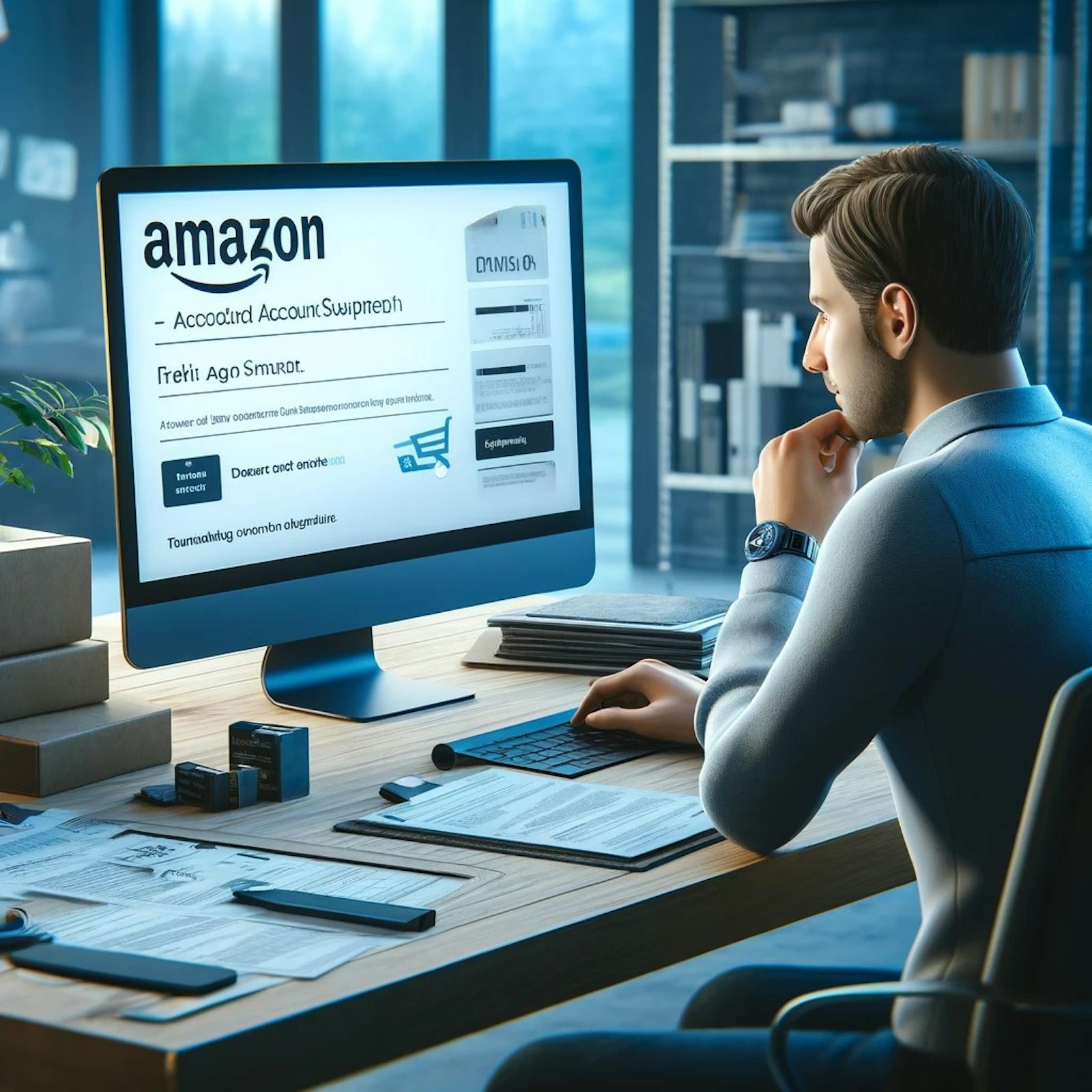 Illustration de vendeurs Amazon discutant des stratégies pour éviter la suspension, avec en arrière-plan un graphique de réclamations A-Z et un ordinateur affichant le logo Amazon.