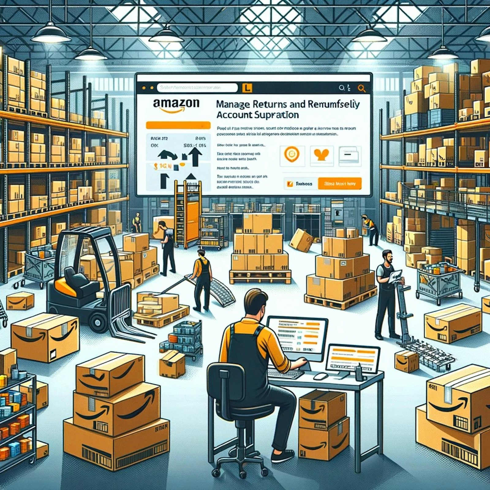 Illustration des stratégies de gestion des retours et remboursements sur Amazon, incluant des icônes représentant le service client, les remboursements, et la politique de retour.