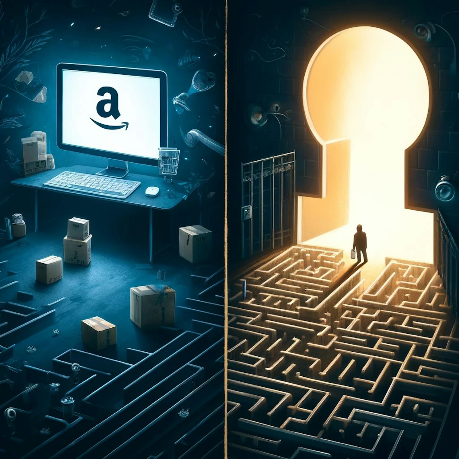 Image illustrant un compte vendeur suspendu sur Amazon avec des symboles de verrouillage et d'alerte, représentant les défis et les stratégies pour ouvrir un nouveau compte.