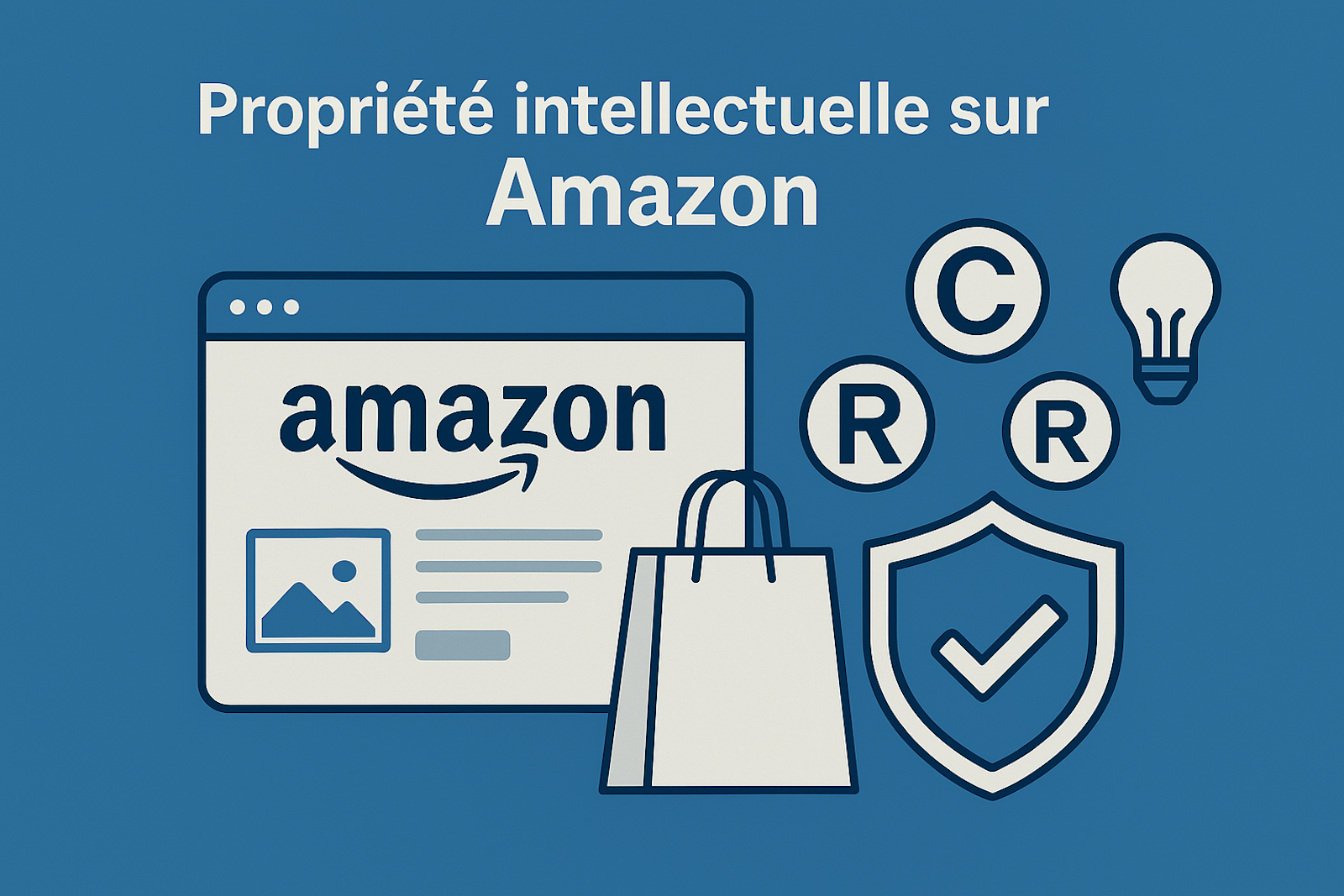 Infographie illustrant la conformité en matière de propriété intellectuelle sur Amazon, avec des icônes de marque déposée, copyright, brevet et un bouclier symbolisant la protection des vendeurs.