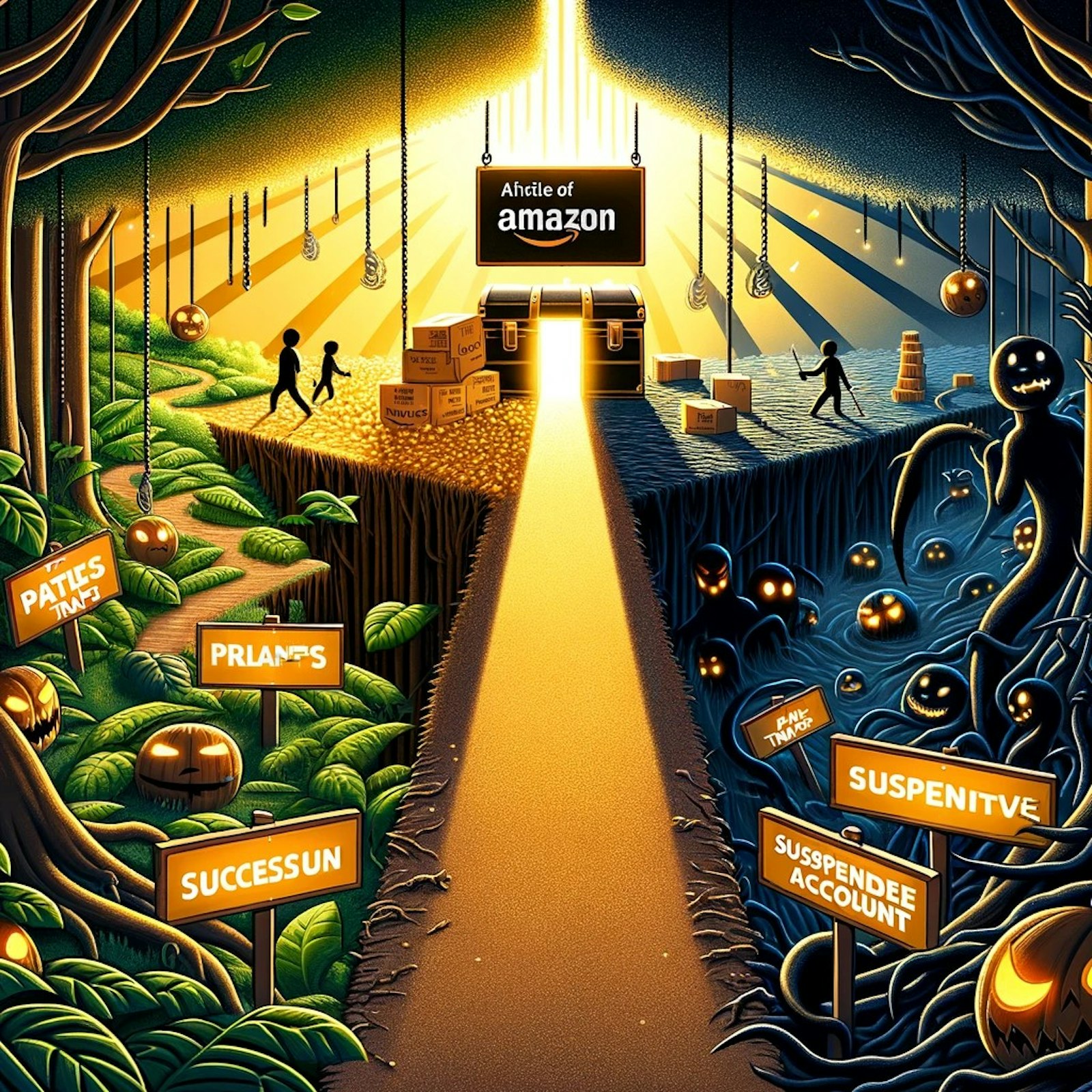 mage représentant les défis du commerce sur Amazon FBA, avec des symboles de risques et de protection de compte.