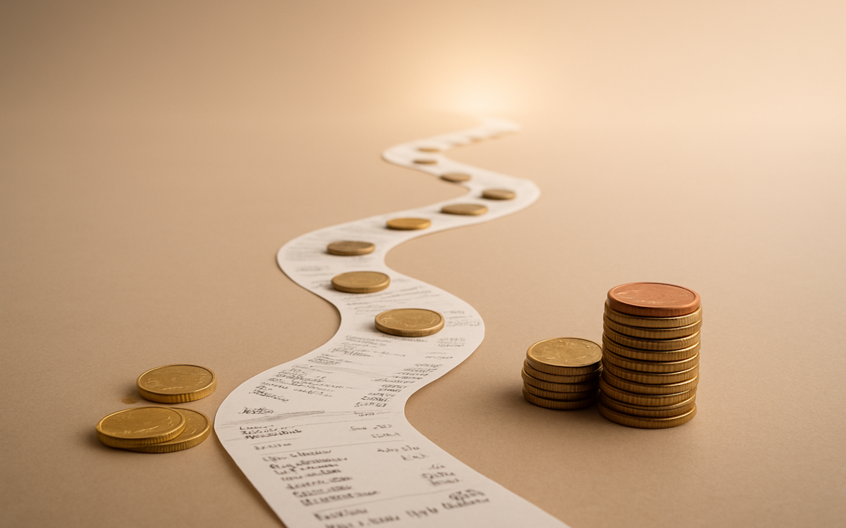 A conceptual personal finance image showing a curved path of receipts and coins stretching into a subtle light on the horizon. Warm neutral tones and minimal design evoke financial planning, saving, and the journey toward long-term security.