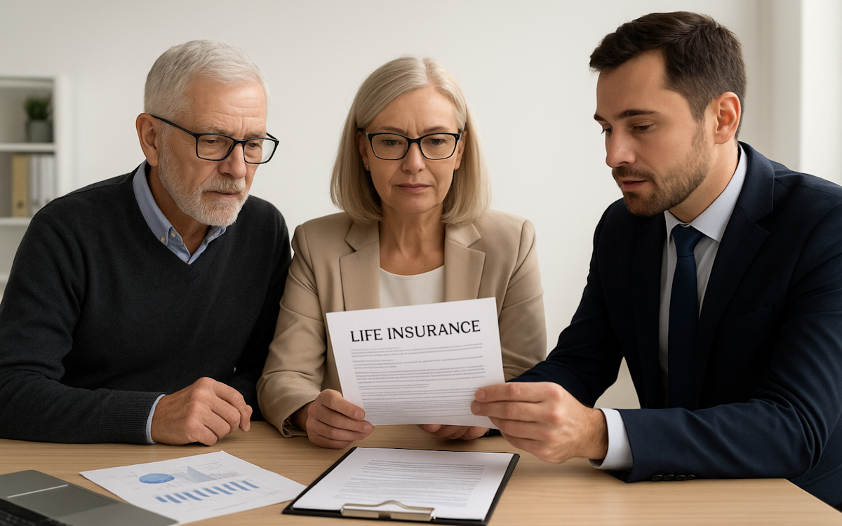 advisor helping senior couple with life insurance settlement