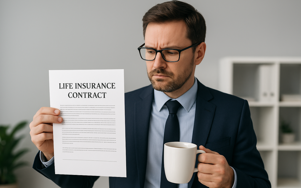 Professional man holding a life insurance contract in an office setting