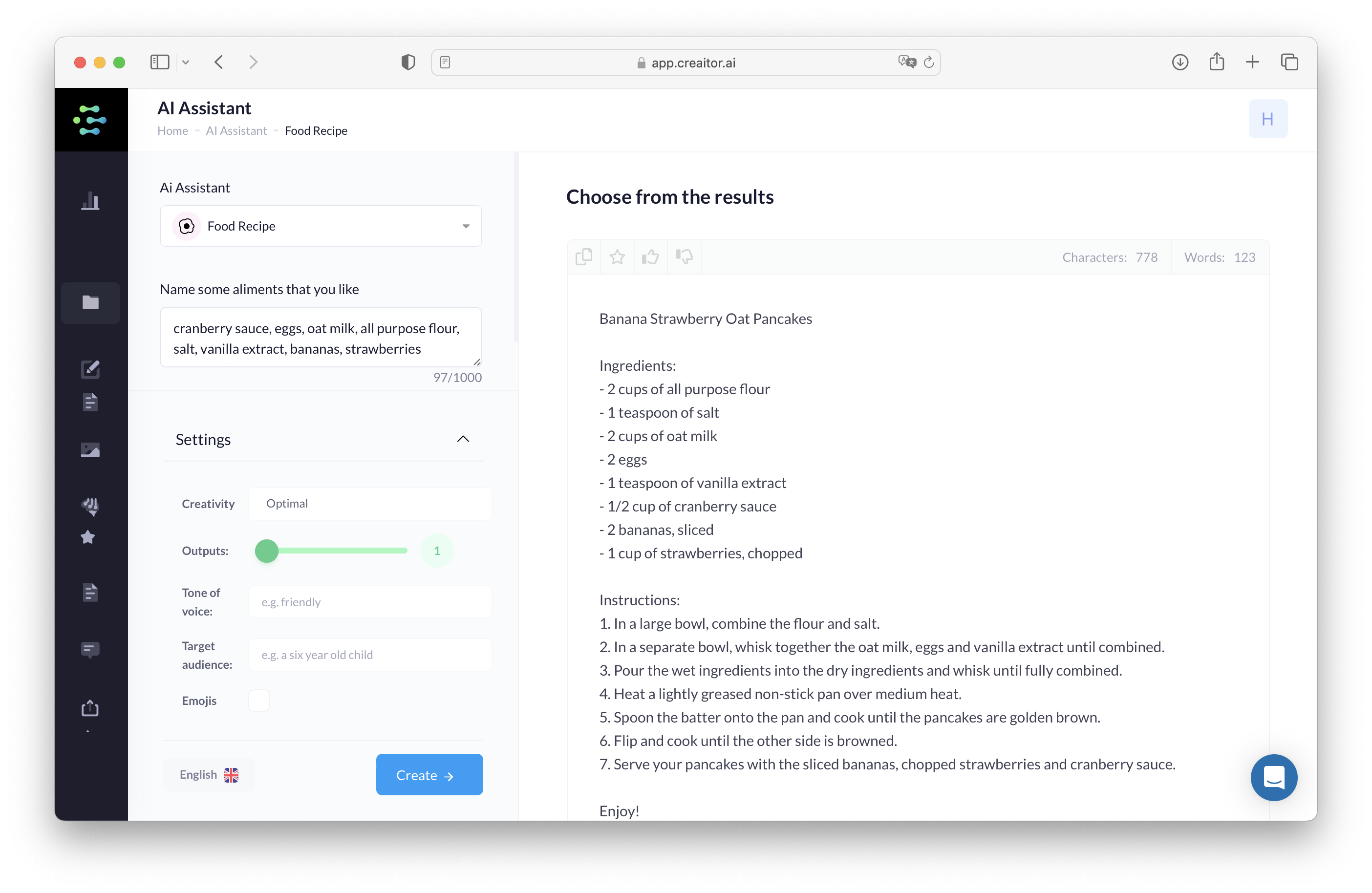 creaitor.ai generator interface, to the left, indications requesting a recipe idea, listing assorted ingredients, to the right the AI's result, with a recipe for cranberry pancakes.