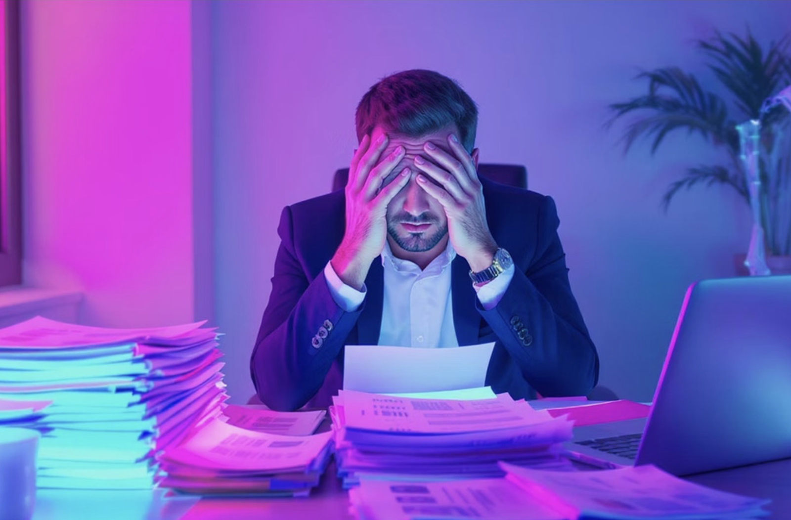 Stressed recruiter overwhelmed by piles of resumes at a desk under pink and blue neon lighting, symbolizing the pressure of manual candidate screening.