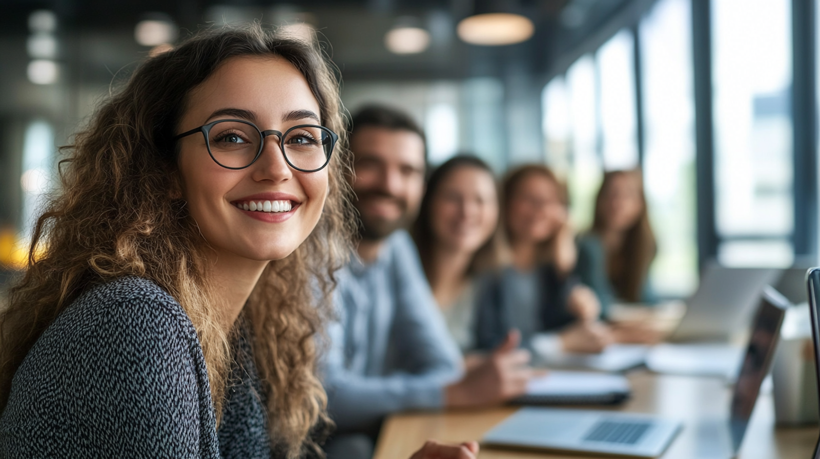 Happy professionals in a modern office environment, representing successful hires chosen through JetHire.ai’s unbiased candidate matching.