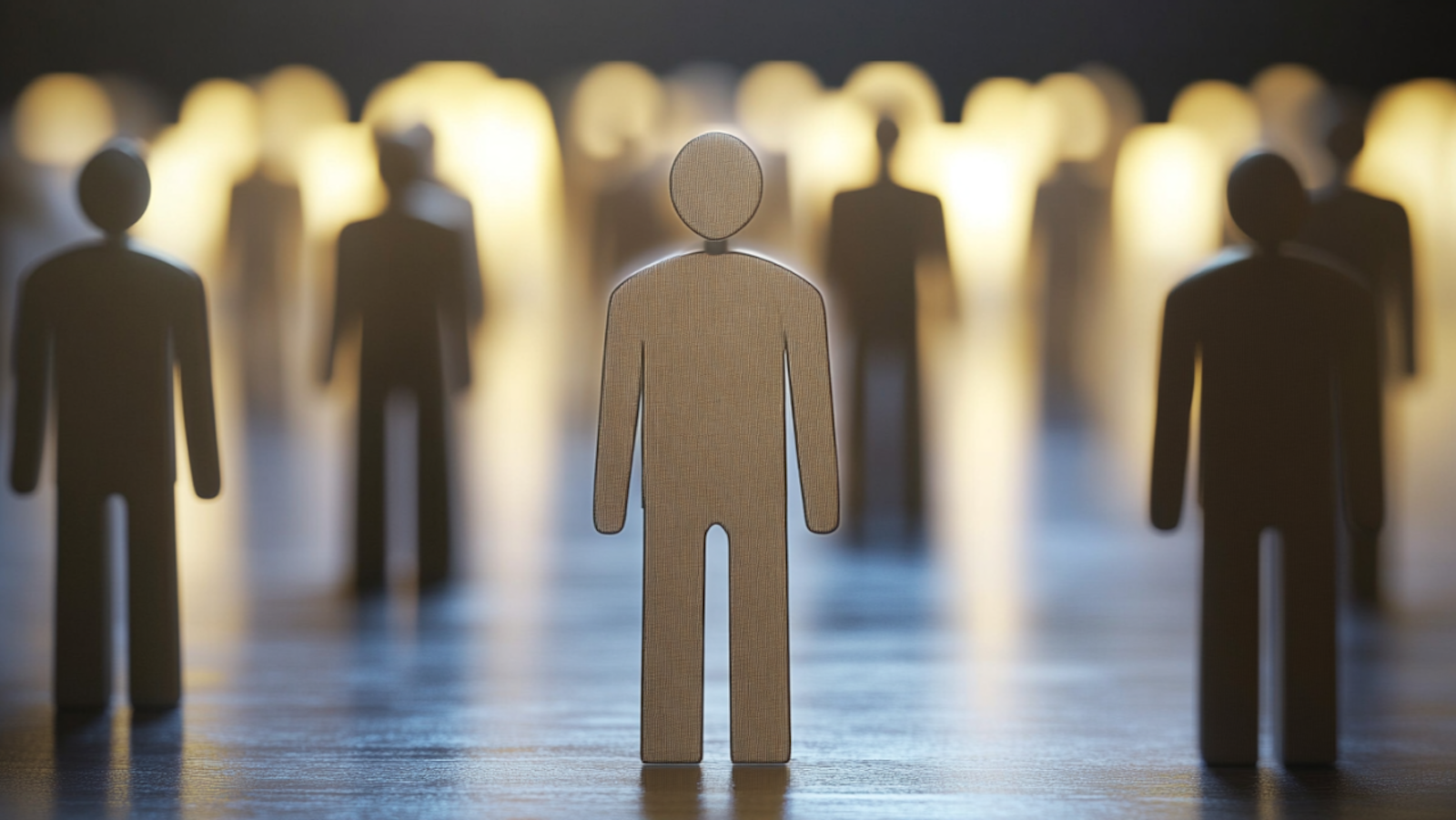 Silhouette of a metallic human figure standing out among a blurred crowd, symbolizing individual recognition and uniqueness in a hiring or recruitment context.