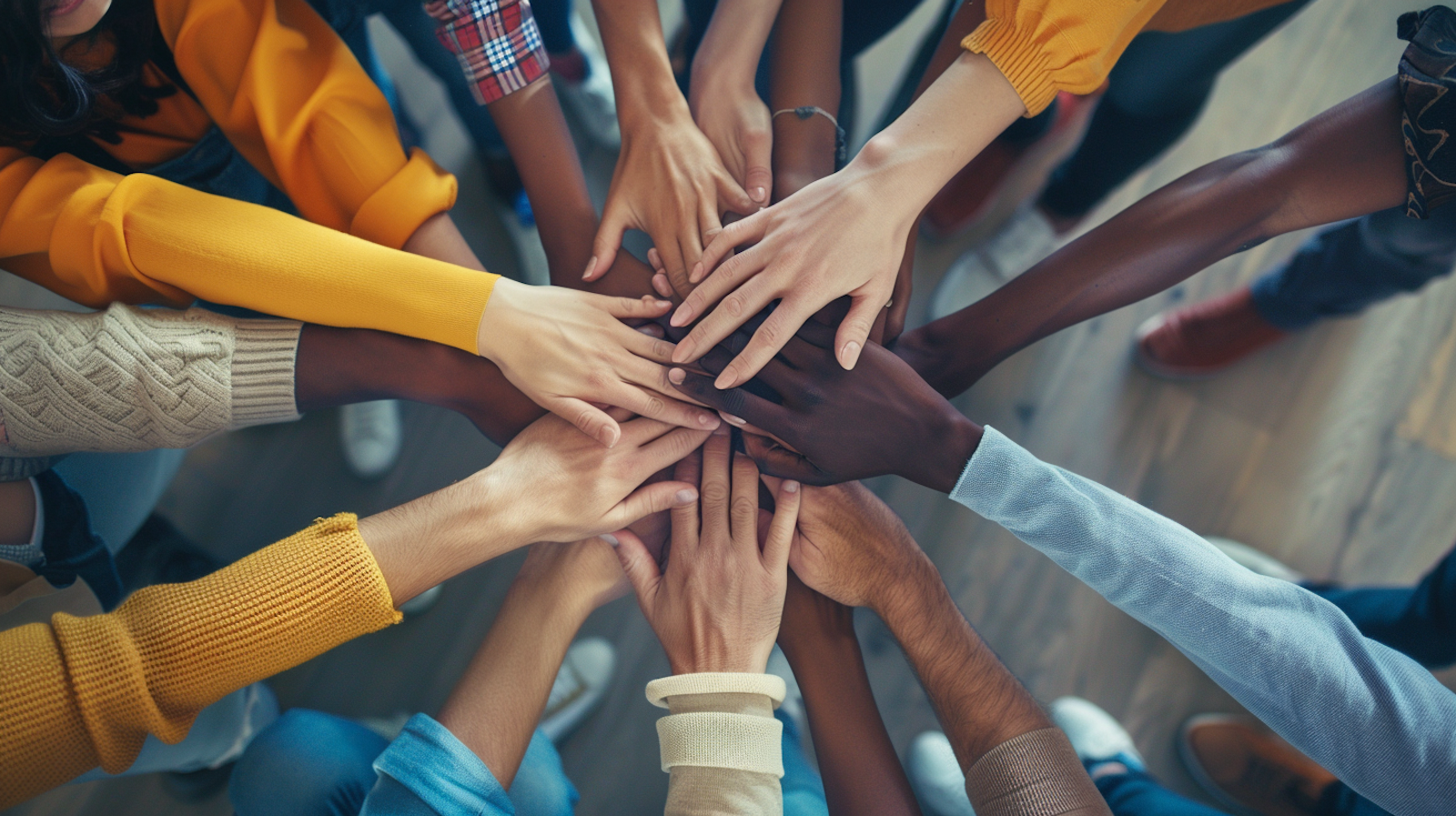 Hands of diverse individuals coming together in a circle, symbolizing unity and teamwork in a modern workplace