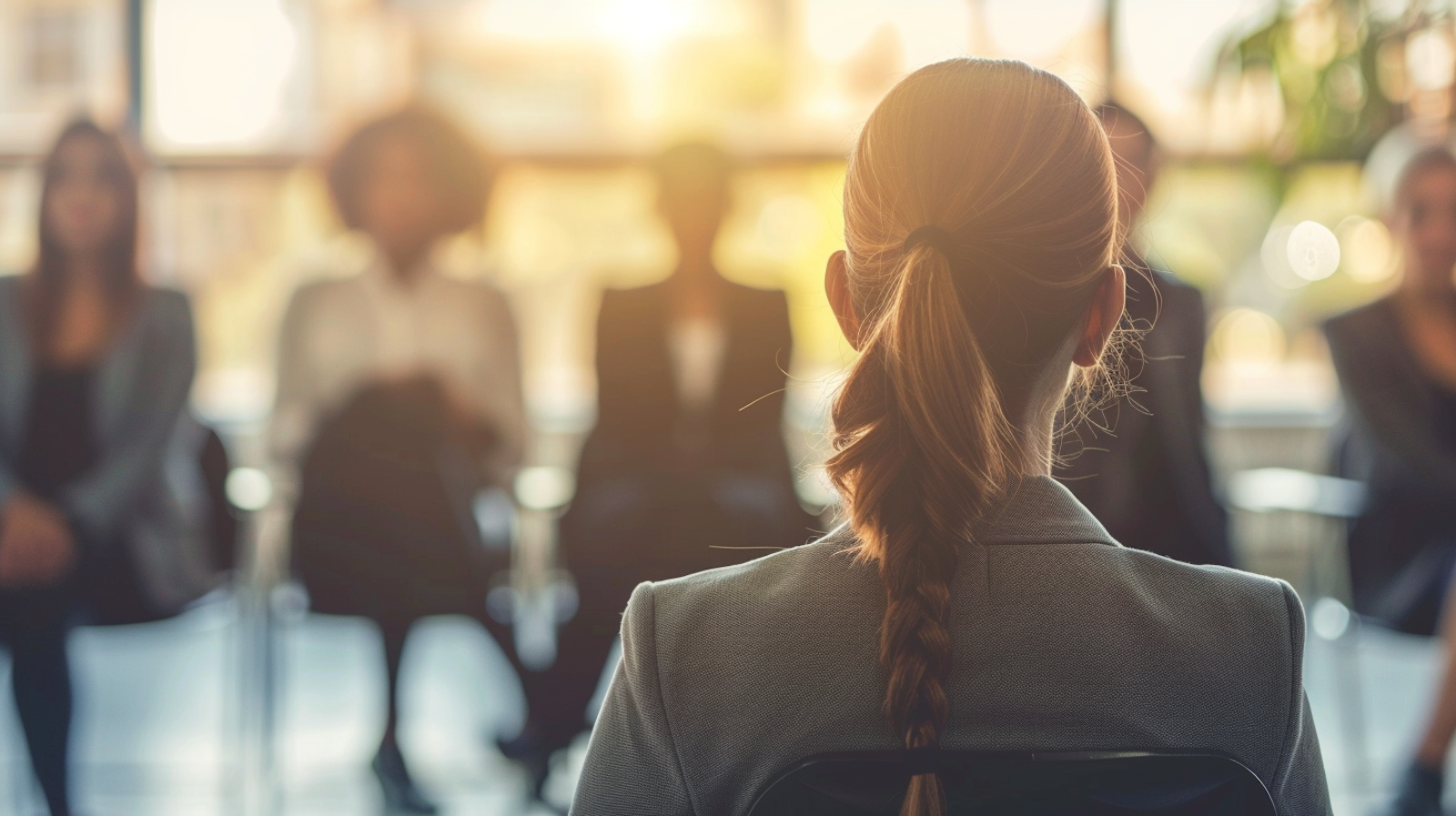 The image shows a woman with a braided ponytail, viewed from behind, sitting in a meeting or group discussion. She is facing a group of diverse individuals, suggesting a professional or corporate setting, with a sunlit, blurred background.