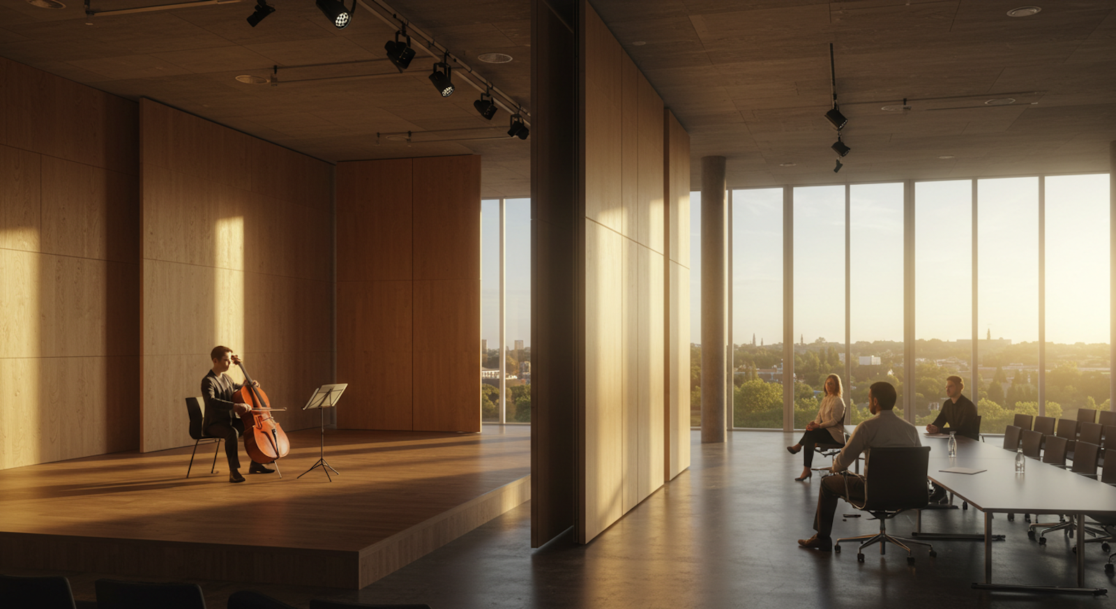 A symbolic visual of blind hiring, showing a musician performing behind a wooden partition in a modern concert hall while business professionals observe from a meeting room, representing unbiased evaluation and the separation of identity from performance.