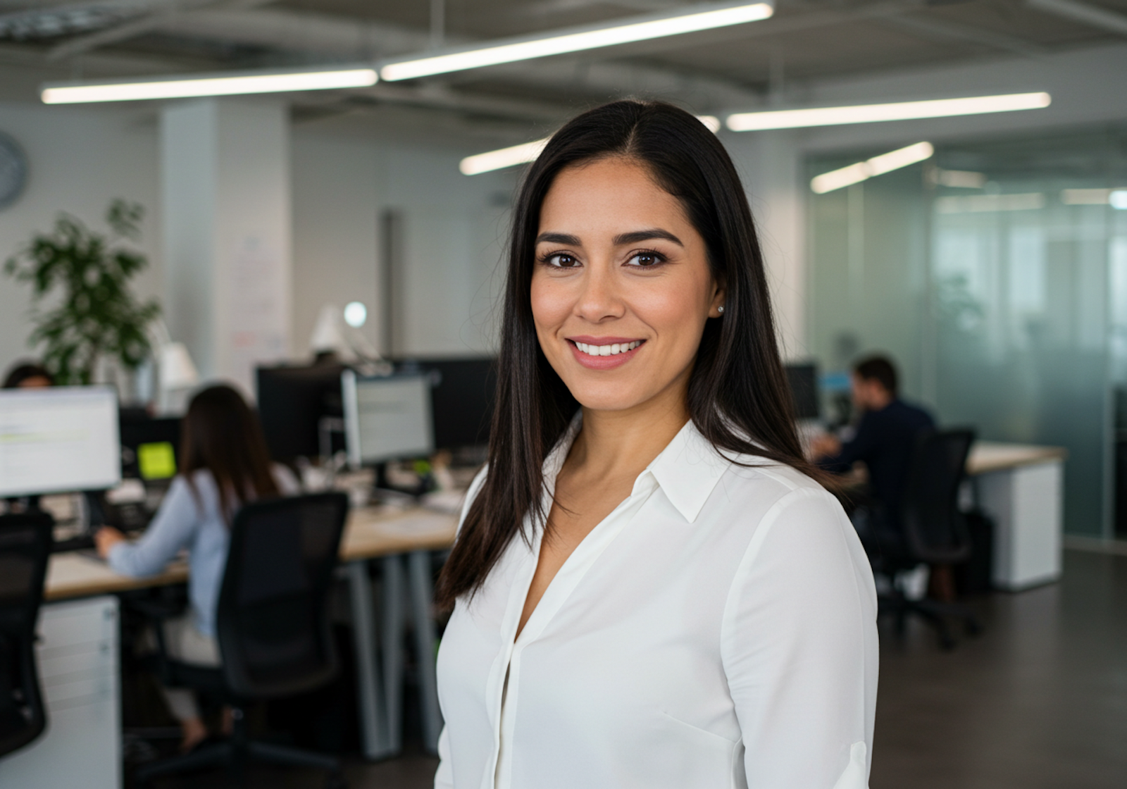 A professional woman smiling confidently in a modern office environment, representing inclusivity and data-driven hiring practices enabled by JetHire AI