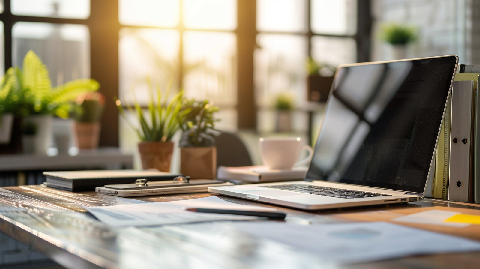 An organized HR workspace with a laptop, notebook, and plants, symbolizing efficiency and a streamlined approach to managing high volumes of job applications