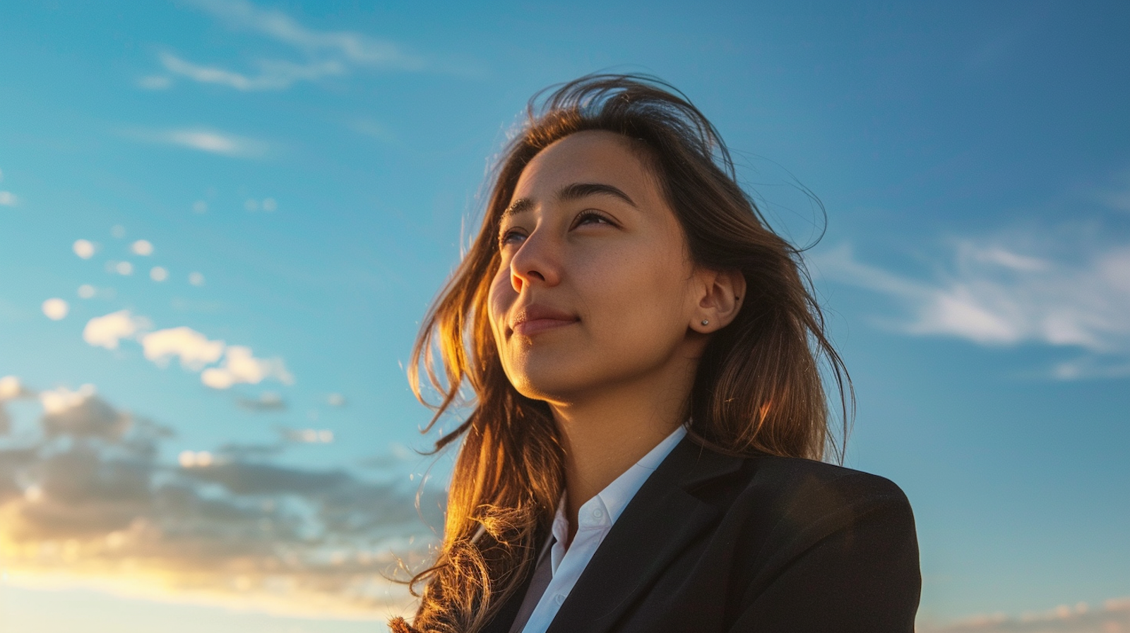 Thoughtful young Asian businesswoman under a sunset sky, portraying inspiration and leadership.