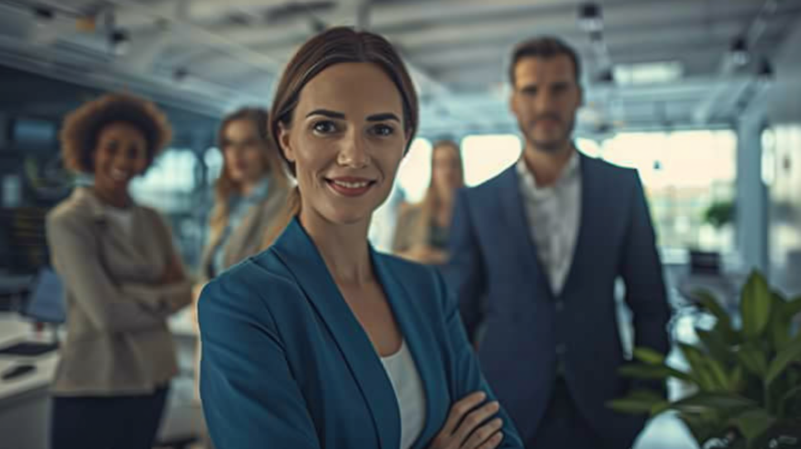 Confident businesswoman standing with a diverse team of professionals in a modern office setting