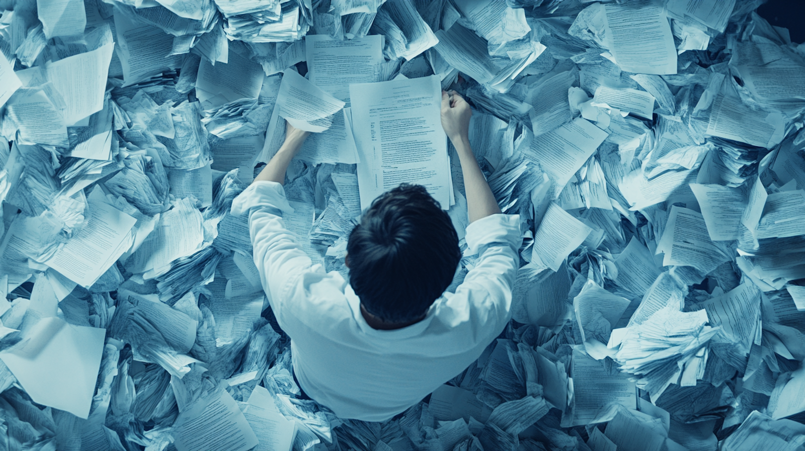 Overwhelmed recruiter surrounded by piles of resumes, symbolizing the resume screening bottleneck before AI-powered solutions like JetHire