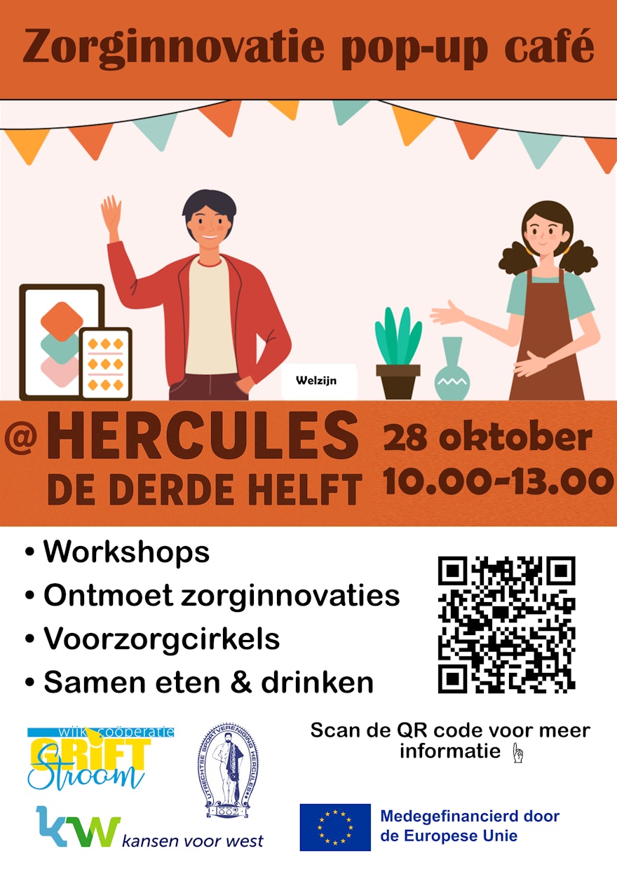 Poster Zorginnovatie pop-up café bij Hercules op 28 oktober 10.00-13.00 met workshops, zorginnovaties en voorzorgcirkels. 