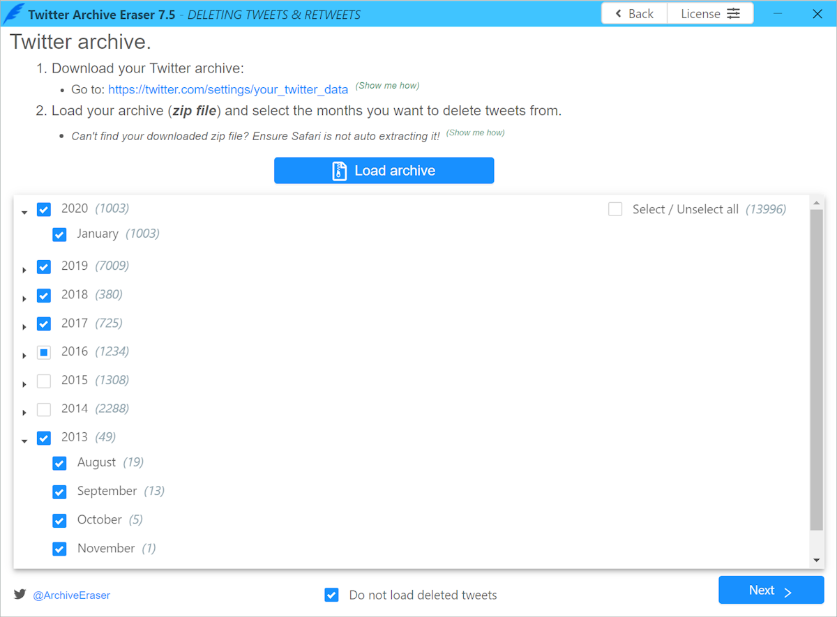 Twitter Archive Eraser archive loading window